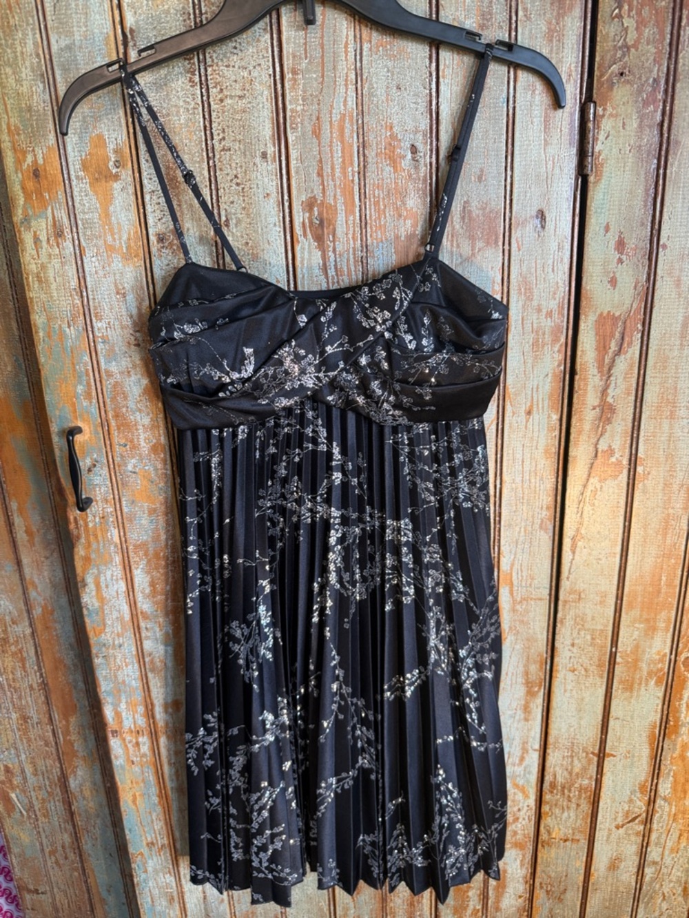 B Darlin Black Pleated Mini Dress with Silver Floral Print